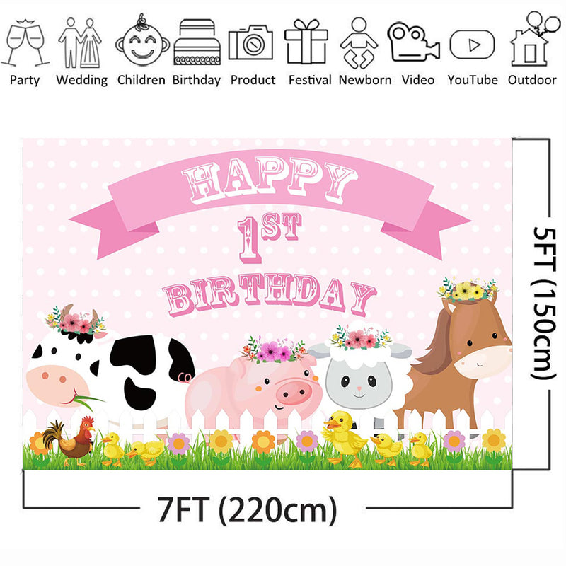 Farm Theme Happy 1st Birthday Photo Backdrop Animal Birthday Party Decoration Props Background Pink Wave Point Cow Pig