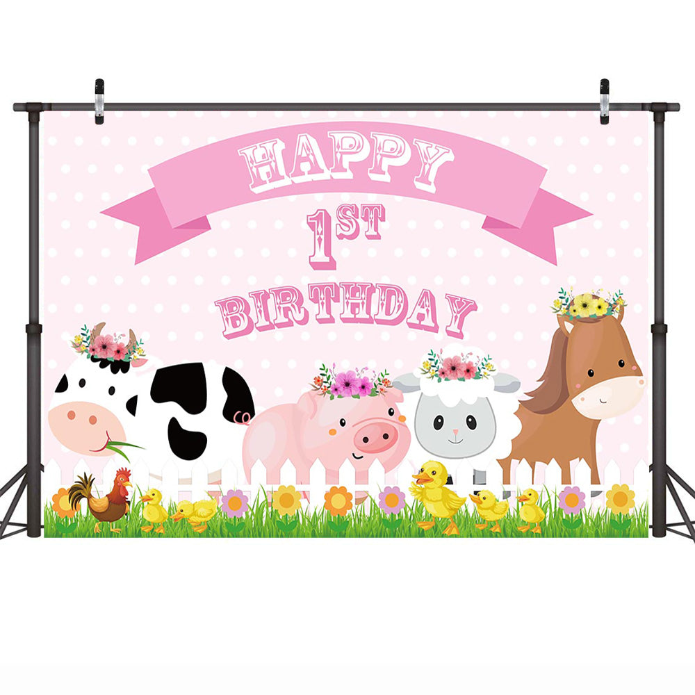 Farm Theme Happy 1st Birthday Photo Backdrop Animal Birthday Party Decoration Props Background Pink Wave Point Cow Pig