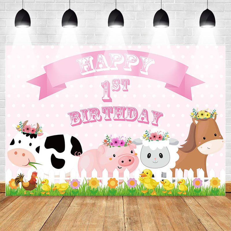  Farm Theme Happy 1st Birthday Photo Backdrop Animal Birthday Party Decoration Props Background Pink Wave Point Cow Pig
