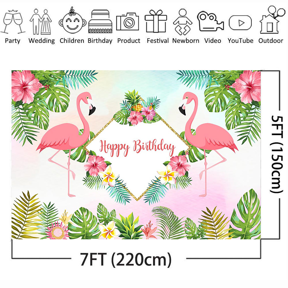 Flamingo Celebration Birthday Photo Background Summer Hawaiian Vacation Style Backdrop Flowers Pineapple Leaves Golden