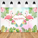 Flamingo Celebration Birthday Photo Background Summer Hawaiian Vacation Style Backdrop Flowers Pineapple Leaves Golden