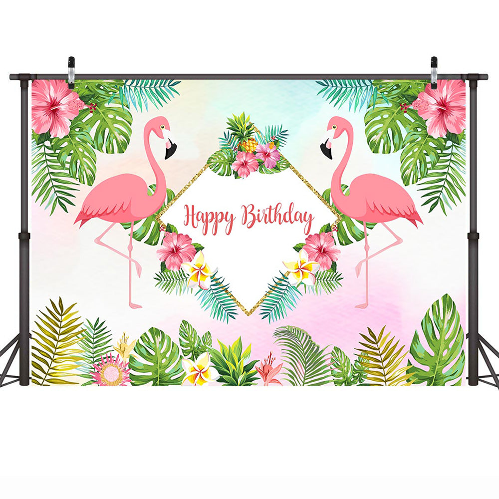 Flamingo Celebration Birthday Photo Background Summer Hawaiian Vacation Style Backdrop Flowers Pineapple Leaves Golden