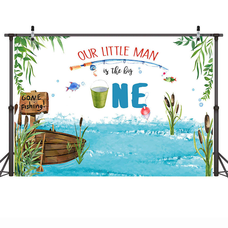 Gone Fishing Birthday Backdrop for Photography The Big One Boy Fish 1st Birthday Background Sea Grass Fishing Party