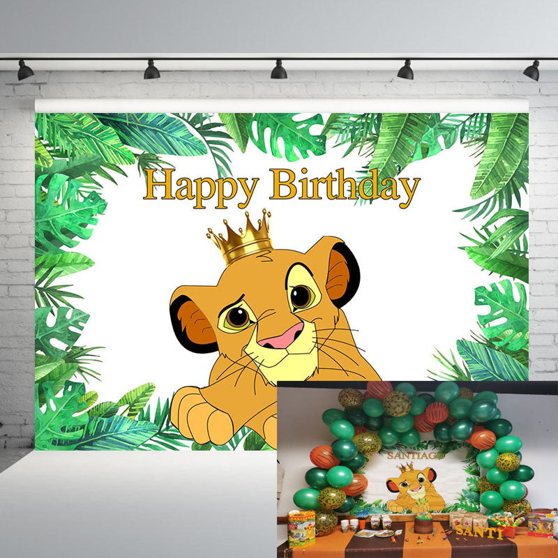 Green Leaves Cartoon Lion King Backdrop Boys Happy 1st Birthday Party Backgrounds for Photo Studio Customized