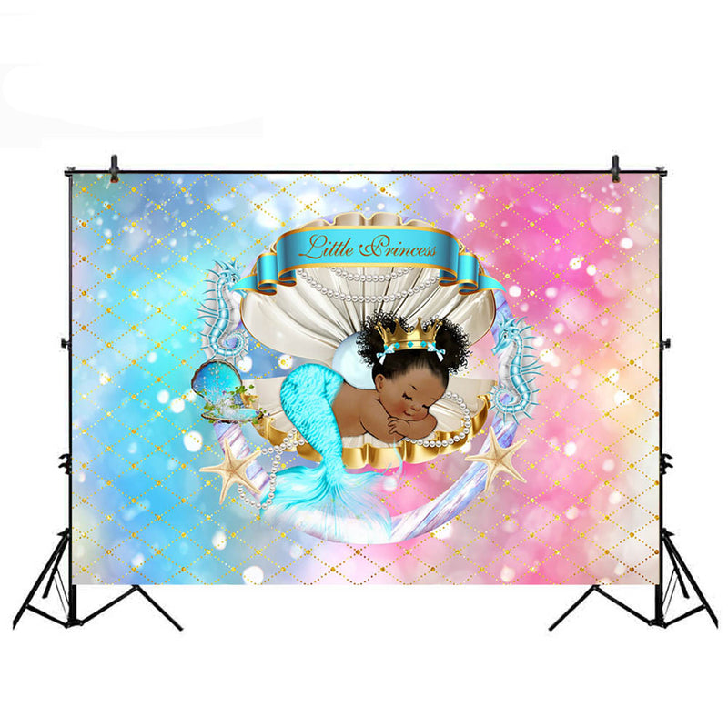 Newborn Little Princess Backdrops for Photography Glitter Baby Shower Backgrounds for Photo Shoot Studio Mermaid Shell