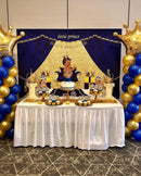Fondo para fiesta de bienvenida de bebé del Príncipe Real, fondo de fotografía con corona dorada y niño negro, fondo azul real para eventos de fiesta