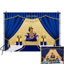 Fondo para fiesta de bienvenida de bebé del Príncipe Real, fondo de fotografía con corona dorada y niño negro, fondo azul real para eventos de fiesta