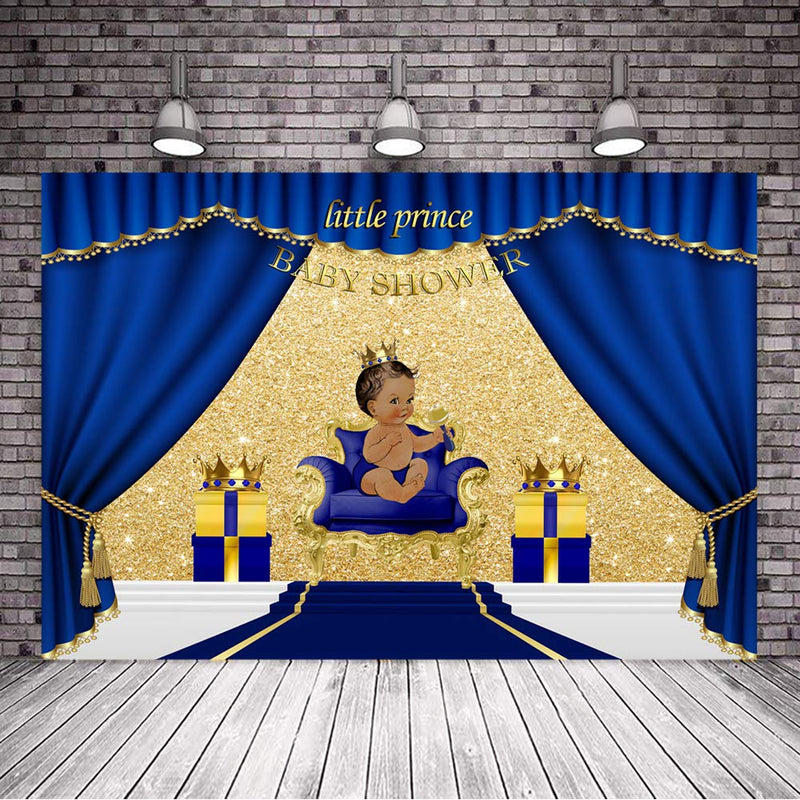 Fondo para fiesta de bienvenida de bebé del Príncipe Real, fondo de fotografía con corona dorada y niño negro, fondo azul real para eventos de fiesta