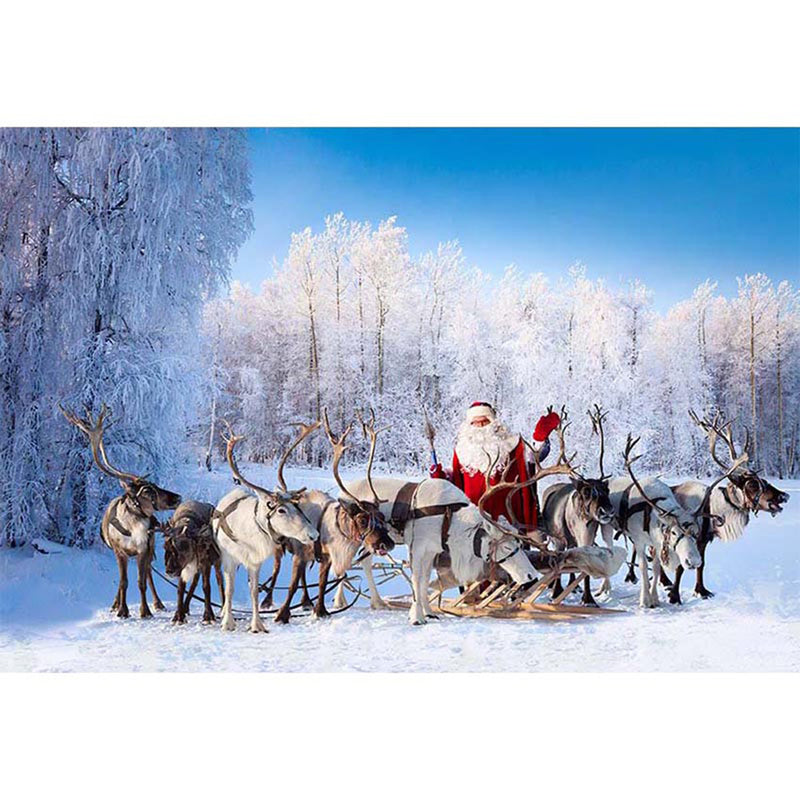 Arrière-plan de photographie de neige d'hiver, arrière-plan de noël du père noël, accessoires de paysage de forêt de neige d'élan, arrière-plan de photo en vinyle pour enfant