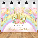 Licorne joyeux anniversaire toile de fond or paillettes arc-en-ciel licorne fond Floral gâteau Table bannière Photo stand décors