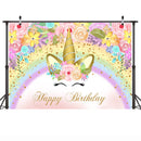 Unicorn Happy Birthday Backdrop Gold Glitter Rainbow Unicorn Floral Background Cake Table Banner Photo Booth Backdrops