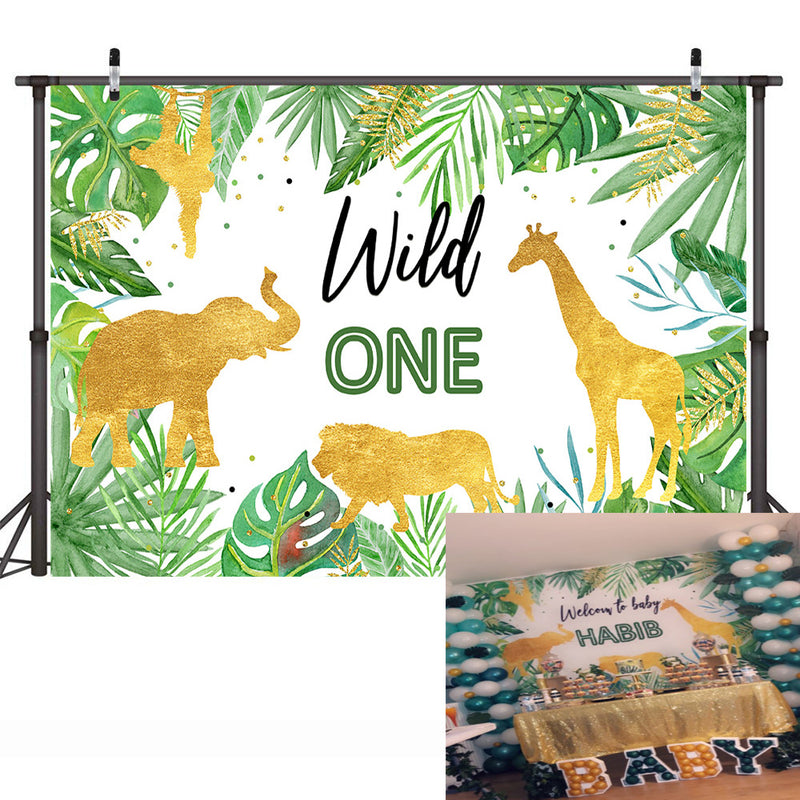 Wild One Birthday Backdrop Jungle Animals Party Photo Background Gold Safari Tropical Leaves Backdrops for Boy Birthday