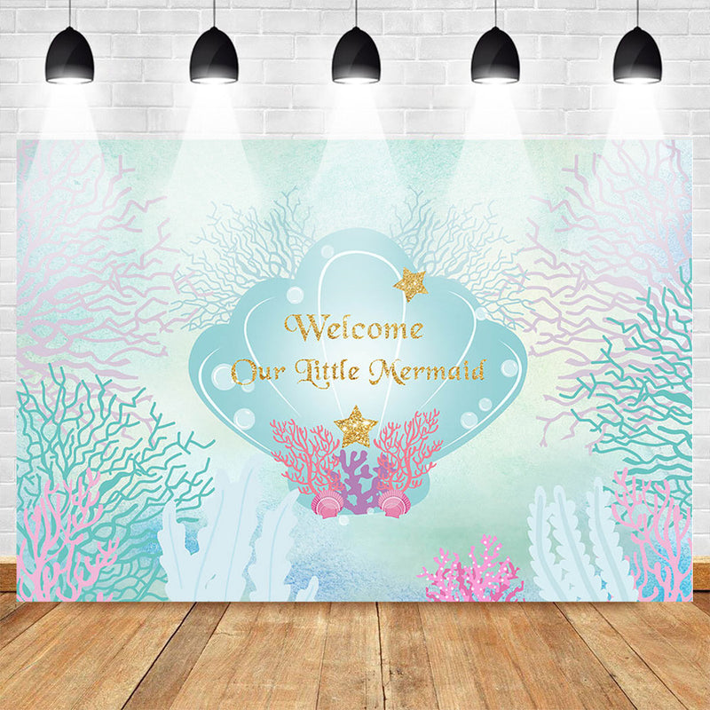 Little Mermaid Backdrop for Photographic Shoot Birthday Party Photo Background Poster for Girls Underwater World Shell