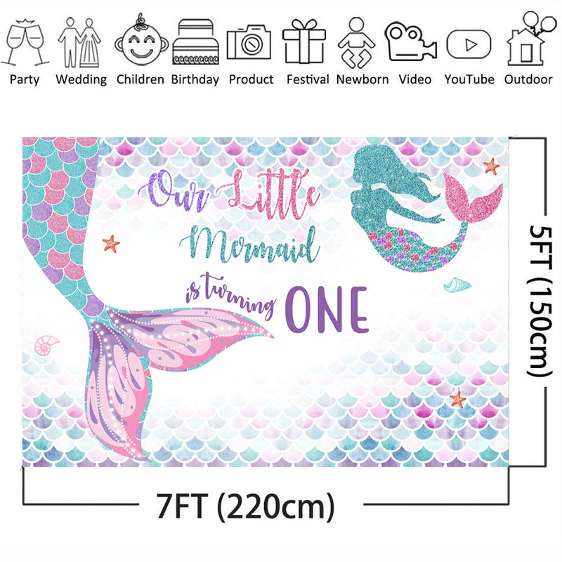 Mermaid Backdrop for Photography Happy Birthday Customize Background for Photo Booth Studio Party Decoration Poster Banner Prop