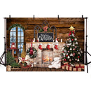 Merry Christmas Backdrop for Children Kids Portrait Photography Brick Fireplace Photo Background Wood Wall Bear Toy Trojan Horse