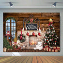 Merry Christmas Backdrop for Children Kids Portrait Photography Brick Fireplace Photo Background Wood Wall Bear Toy Trojan Horse