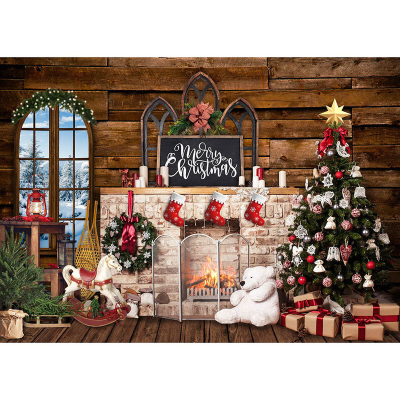 Merry Christmas Backdrop for Children Kids Portrait Photography Brick Fireplace Photo Background Wood Wall Bear Toy Trojan Horse