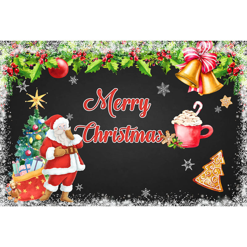 Fondo de Feliz Navidad para fotografía, regalo de Papá Noel, foto de árbol de Navidad rojo, fondo de fotomatón de hojas verdes y campana