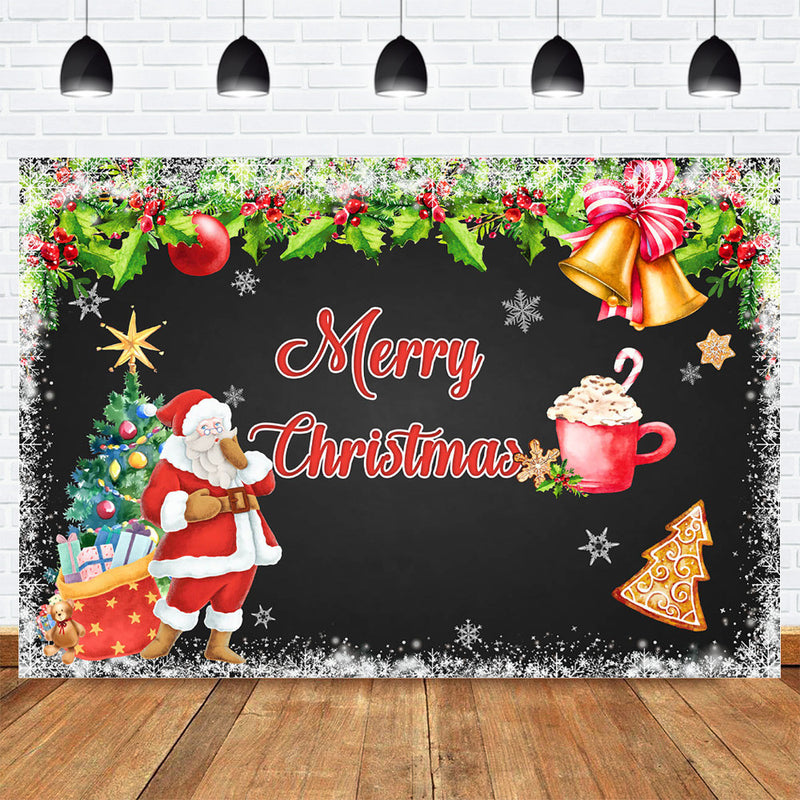Merry Christmas Backdrop for Photography Santa Claus Gift Red X-mas Christmas Tree Photo Background Green Leaves Bell Photobooth