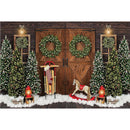 Merry Christmas Photography Background Snow Christmas Trees Winter Portrait Photo Backdrop Socks Vintage Wooden Door Wreath