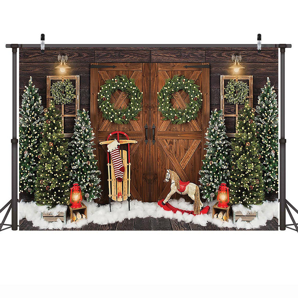 Merry Christmas Photography Background Snow Christmas Trees Winter Portrait Photo Backdrop Socks Vintage Wooden Door Wreath