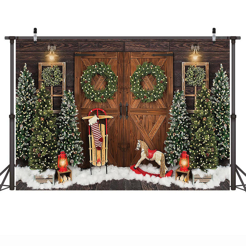 Fondo de fotografía de Feliz Navidad, nieve, árboles de Navidad, retrato de invierno, foto, telón de fondo, calcetines, corona de puerta de madera Vintage