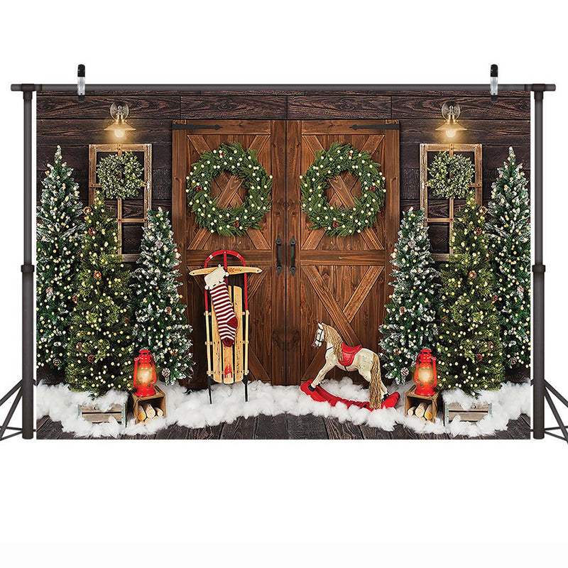 Merry Christmas Photography Background Snow Christmas Trees Winter Portrait Photo Backdrop Socks Vintage Wooden Door Wreath