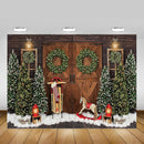 Merry Christmas Photography Background Snow Christmas Trees Winter Portrait Photo Backdrop Socks Vintage Wooden Door Wreath