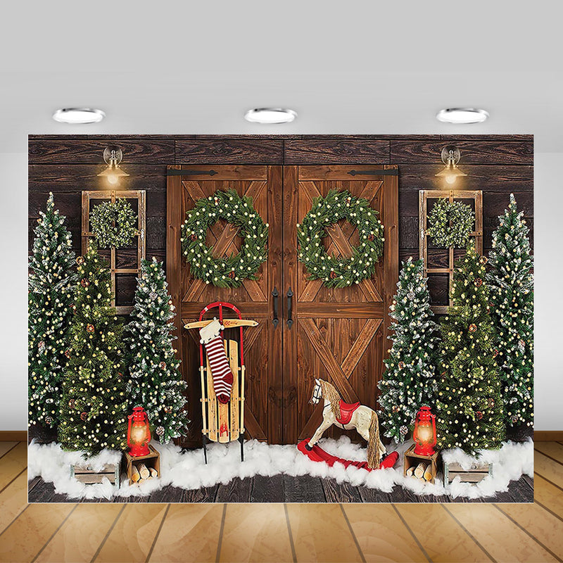 Merry Christmas Photography Background Snow Christmas Trees Winter Portrait Photo Backdrop Socks Vintage Wooden Door Wreath