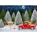 Merry Christmas Winter Pine Tree Forest Backdrop for Photography Red Truck Santa Claus Full Moon Night Background for Photo Prop