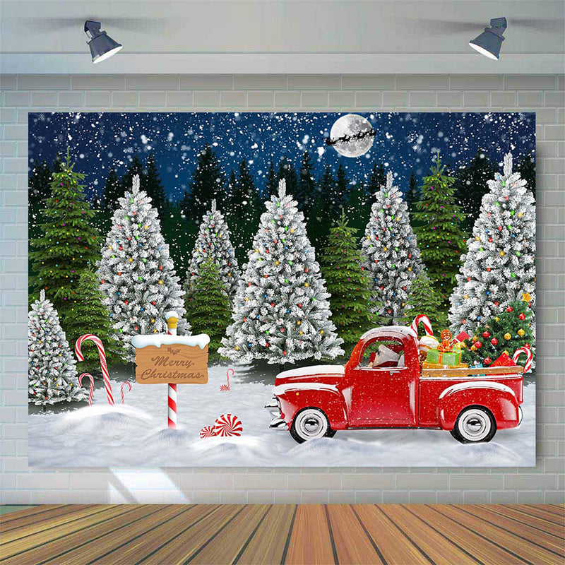 Merry Christmas Winter Pine Tree Forest Backdrop for Photography Red Truck Santa Claus Full Moon Night Background for Photo Prop