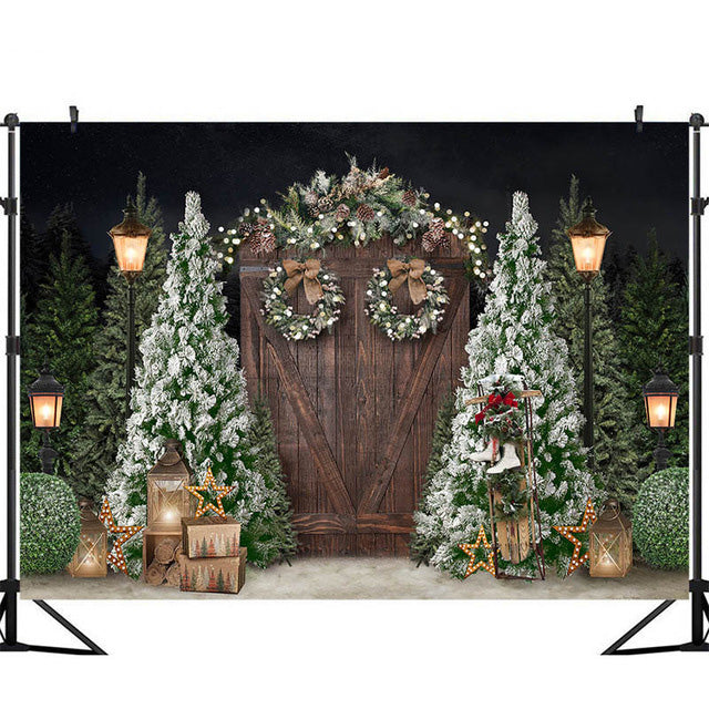 Christmas Photography Backdrops Christmas Tree Street Lamp Decor Vintage Wooden Door Photocall Background Photo Studio