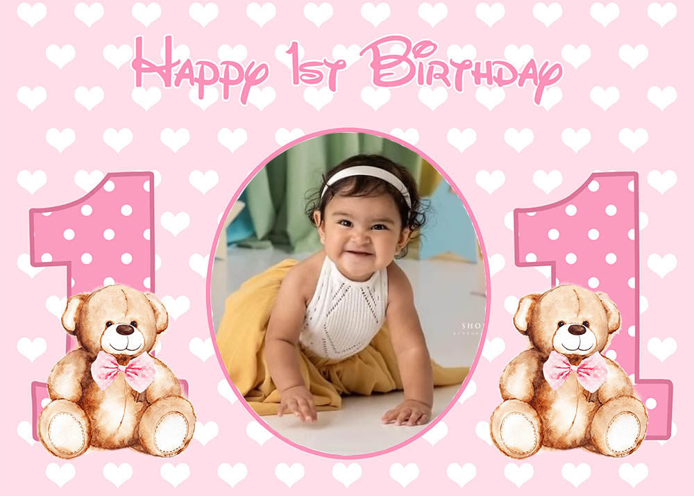 Fondo rosa de feliz primer cumpleaños para niña, Fondo de fotografía para Baby Shower, póster personalizado, decoraciones para mesa de postre, accesorios