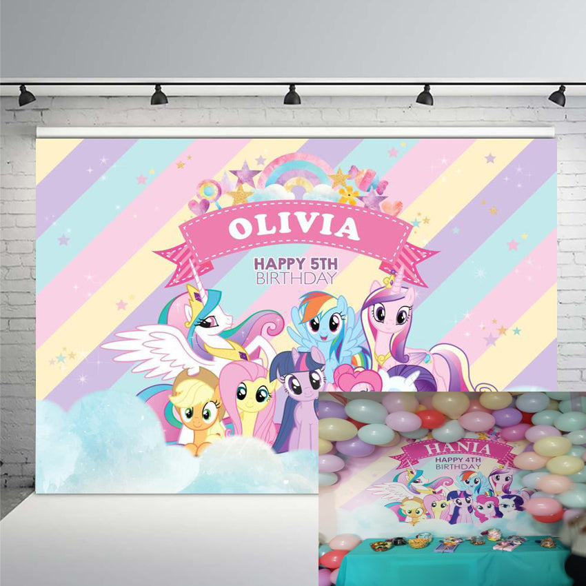 Customized My Little Pony Backdrop Birthday Party Rainbow Event Photo Backdrop Photography Baby 1st Birthday Banner