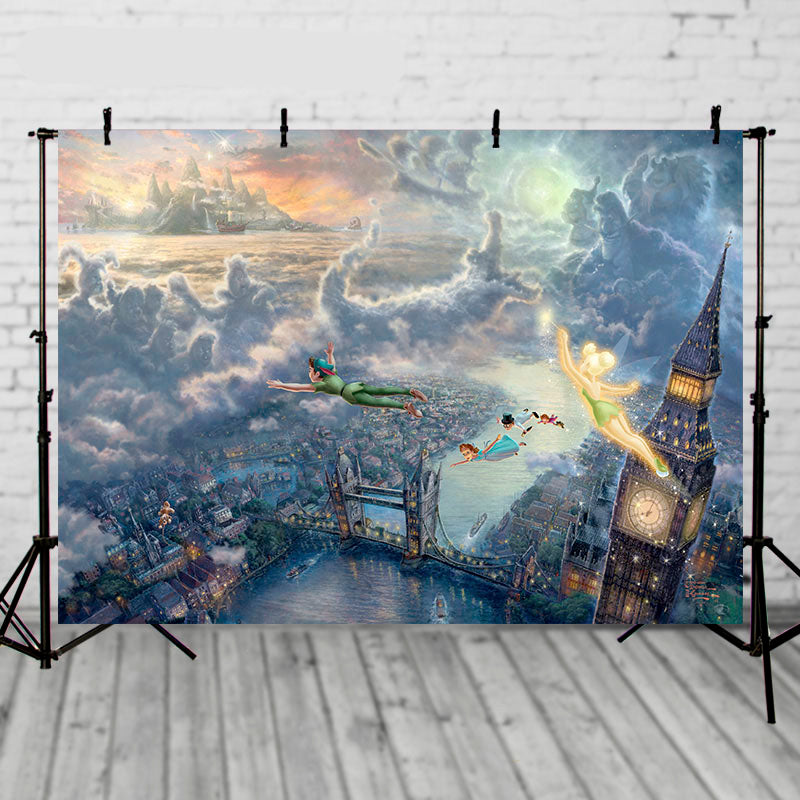 Cartoon Fairy Tale World Peter Pan Wendy with her Brothers Background Night Town Backdrop for Photo Booth Studio
