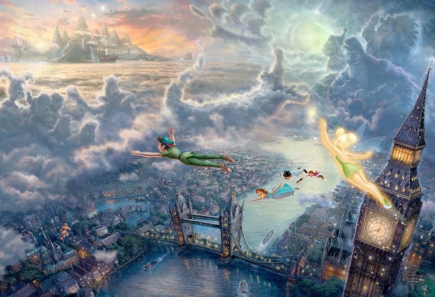 Cartoon Fairy Tale World Peter Pan Wendy with her Brothers Background Night Town Backdrop for Photo Booth Studio
