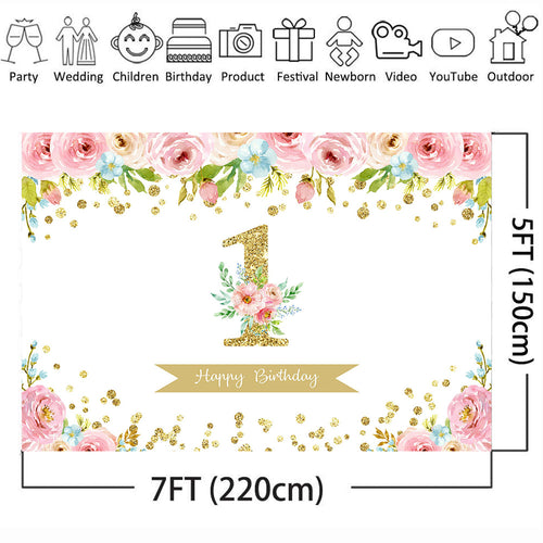 1st Birthday Party Decoration Backdrop for Photography Newborn Baby Shower Photo Background Flowers Party