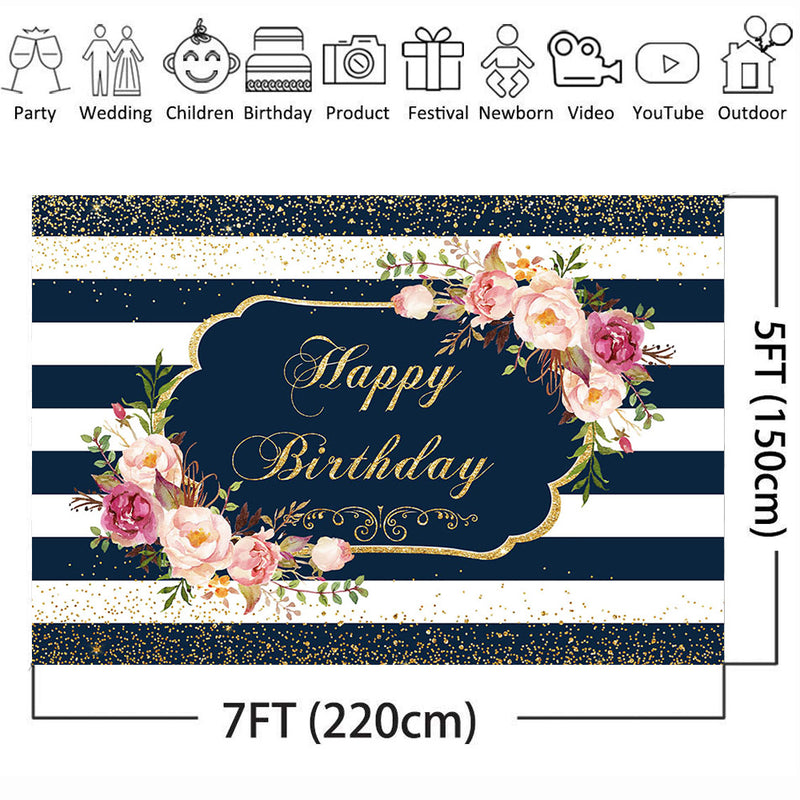 Happy Birthday Backdrop for Photography White and Stripe Background for Photo Party Decoration Supplies Newborn Baby