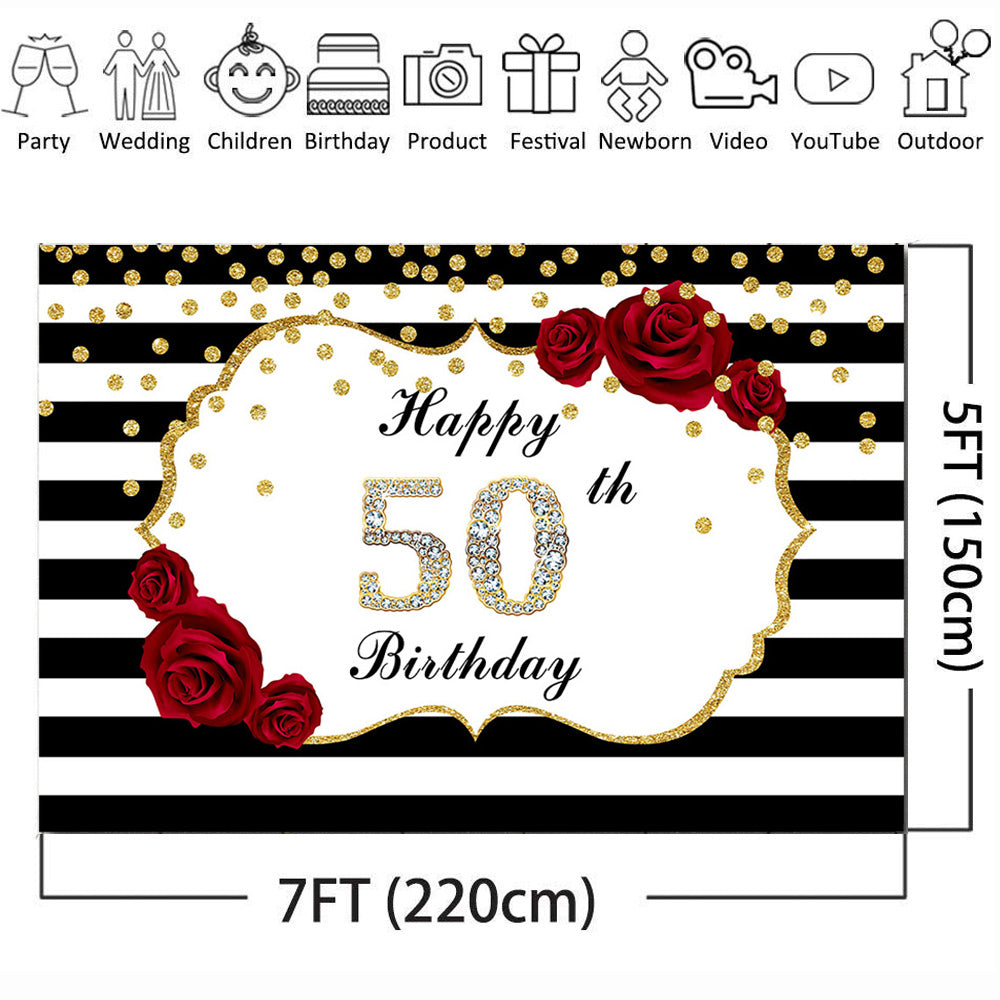 happy 50th birthday backdrop for women party decoration banner white black stripe background for photo studio 510