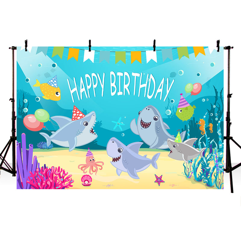Baby Happy Birthday Party Backdrop 1st 2nd 3rd Vinyl Photography Background Undersea World Cartoon Baby Whale Backdrop Starfish Cake Gifts Birthday Decoration Children