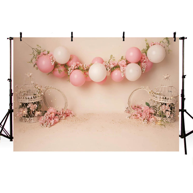 Newborn kids Portrait cake smash Photography Backdrop 1st Birthday spring floral pink balloons birdcage photo background studio