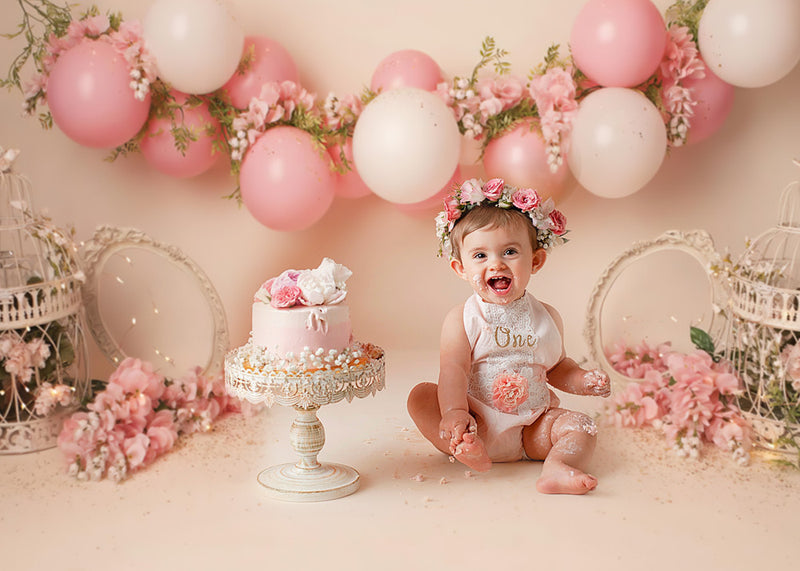 Nouveau-né enfants Portrait gâteau smash photographie toile de fond 1er anniversaire printemps floral rose ballons cage à oiseaux photo fond studio