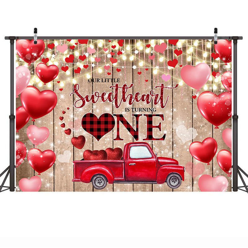 Our Little Sweetheart is Turning One Backdrop Valentine's Day Love Hearts Red Truck Background Wood Wall Birthday Party Decor