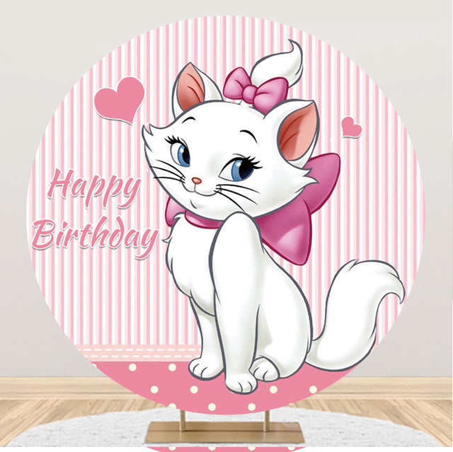 Girls Round Fabric Backdrop With Elastic Pink Cat Girls Birthday Baby Shower Party Decorations Backgrounds