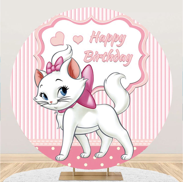 Round Fabric Backdrop With Elastic Pink Cat Girls Birthday Baby Shower Party Decorations Background
