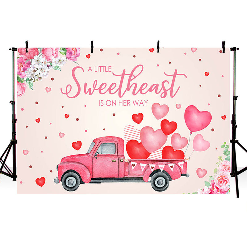 Photography Background A Little Sweetheart Is On Her Way Pink Car Valentine's Day Flower Spring Backdrop Photo Studio