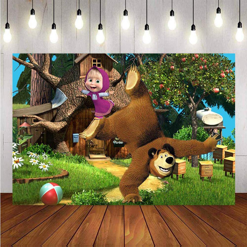 Photography Backdrop Cartoon Birthday Jungle Adventure Theme Party Background Apple Tree Girl Bear Backdrop Photo Studio Banner