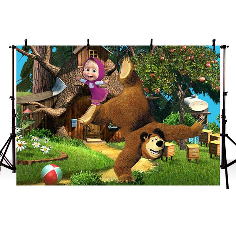 Photography Backdrop Cartoon Birthday Jungle Adventure Theme Party Background Apple Tree Girl Bear Backdrop Photo Studio Banner