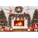 Photography Backdrop Winter Christmas Fireplace Photoshoot Brick Wall Merry Xmas Party Background Decorations Socks Gifts Wreath
