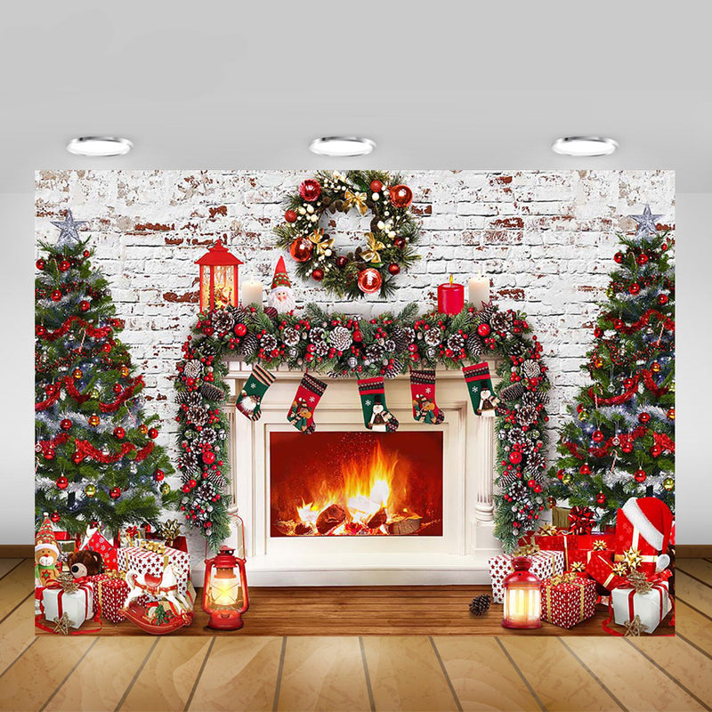Photography Backdrop Winter Christmas Fireplace Photoshoot Brick Wall Merry Xmas Party Background Decorations Socks Gifts Wreath